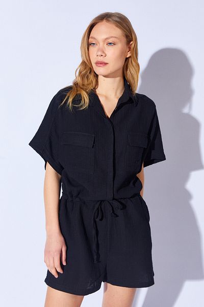 Manche Black Double Pocket Flap Waist Tie Detailed Muslin Washed Shorts Jumpsuit |   Mks 281104 -01