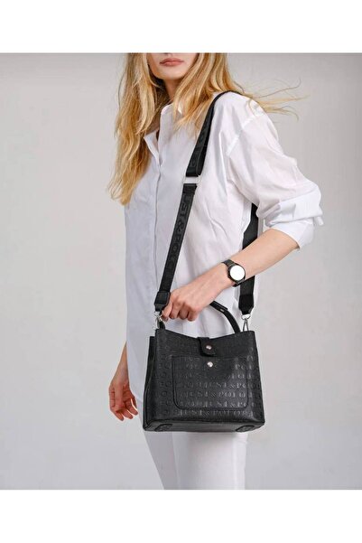 Just Polo مجموعة محفظة حقيبة نسائية مطبوعة بحروف واحدة باللون الأسود من Justp...