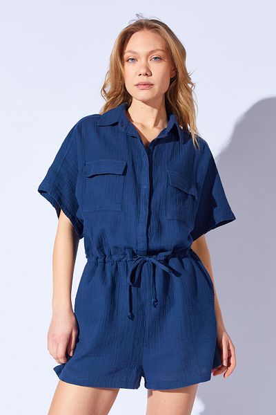 Manche Light Navy Blue Double Pocket Cover Waist Tie-Up Sling Shorts Overalls