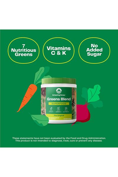 Amazing Grass Greens Blend Powder: Organic Spirulina, Chlorella, Beet Root, Enzymes, Probiotics, 30 Servings