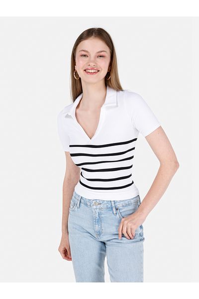 Colin's Slim Fit V-Neck Striped Women's White Short Sleeve T-Shirt