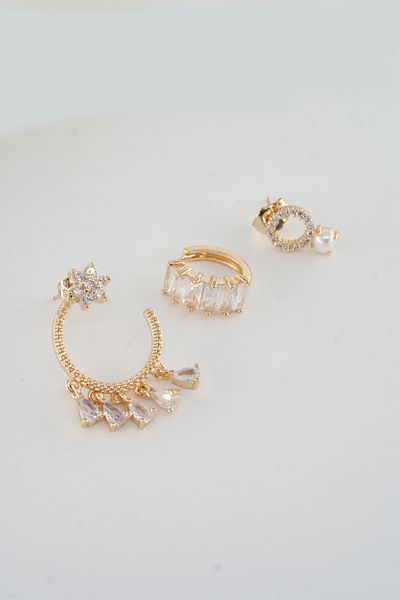 ARTEMİSİA Women Vip Series Antiallergenic Mixed Figured Zircon Stone 3 Earring Set