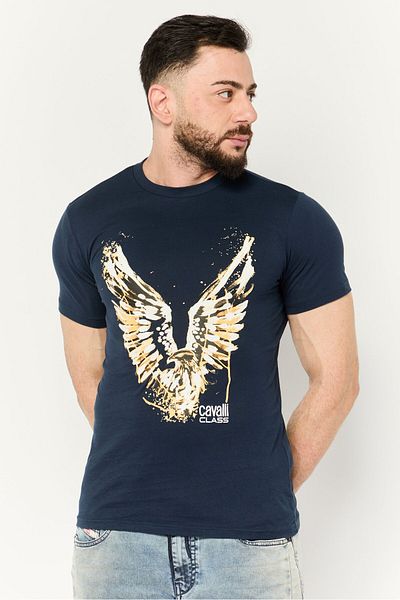 Cavalli Class Men Crew Neck Short Sleeve Graphic Print T Shirt, Navy Combo