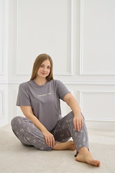 pijamakeyfi Kadın Pijama Takımı Büyük Beden Kısa Kol Sıfır Yaka Milan Kumaş