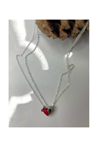 Herşey Nota Mıknatıslı Çift Kalp İkili Kolye Sevgili Kolyesi 2 'li Gümüş Kırmızı