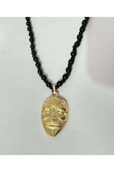 Herşey Nota V for Vendetta Mask Necklace Bead Chain Gold