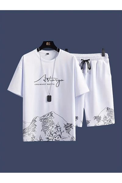 NoVibe Unisex Mountain Printed Oversize Premium 100% Cotton T-Shirt Shorts Set