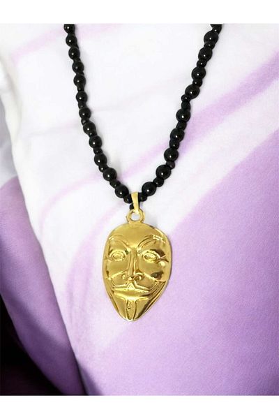 Herşey Nota V for Vendetta Mask Necklace Bead Chain Gold