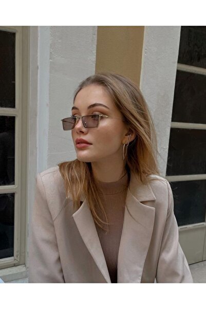 LOOKUP NEW إلسي معدن ذهبي مستطيل إطار مربع بني زجاج عاكس للجنسين Uv400 نظارة شمسية