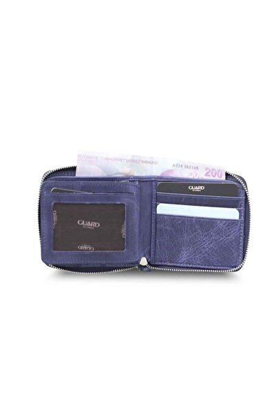 GUARD Antique Navy Blue Zipper Horizontal Mini Genuine Leather Wallet Men / Women P2265