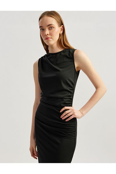 Koton Crew Neck Sleeveless Draped Midi Dress