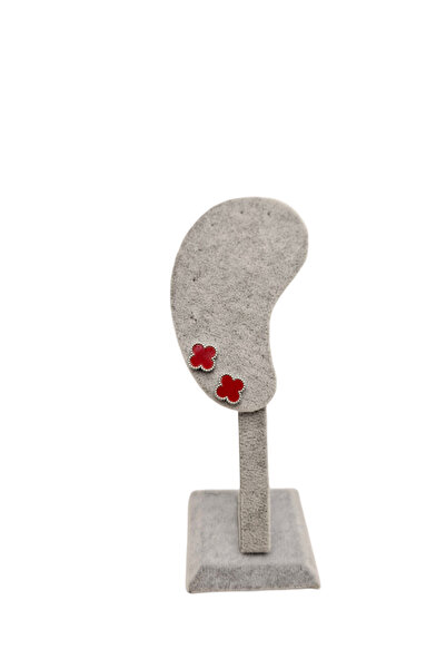 Han Ticarethane Gümüş Renk Çerçeveli Kırmızı Yonca Model Çelik Küpe