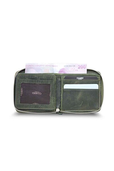GUARD Antique Green Zippered Horizontal Mini Genuine Leather Wallet Men / Women P2265