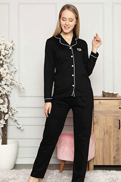 ALİMER طقم بيجامة ليكرا بأكمام طويلة وياقة قميص وأزرار سوداء للنساء EDY2577SYH