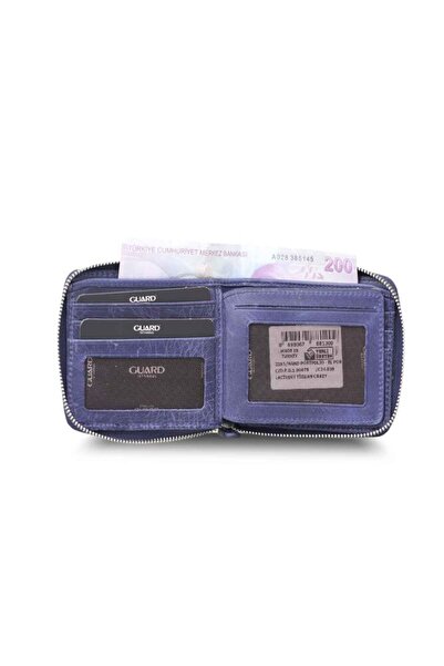 GUARD Antique Navy Blue Zipper Horizontal Mini Genuine Leather Wallet Men / Women P2265