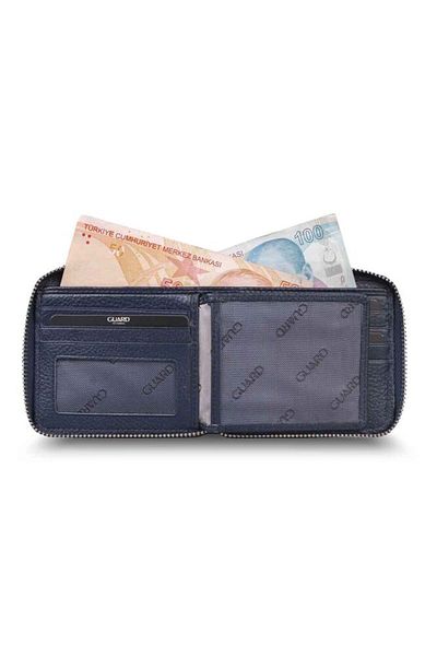 GUARD Retro Zippered Genuine Leather Men's Navy Blue Wallet P859