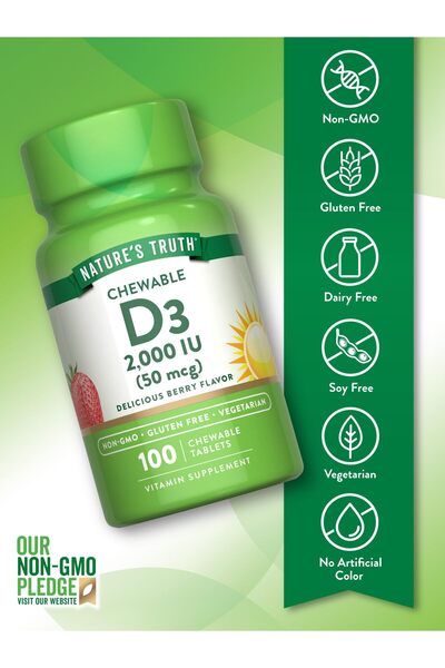 Nature's Truth Chewable Vitamin D3 2,000 IU | 100 Tablets | Berry Flavor | Vegetarian, Non-GMO, Gluten Free