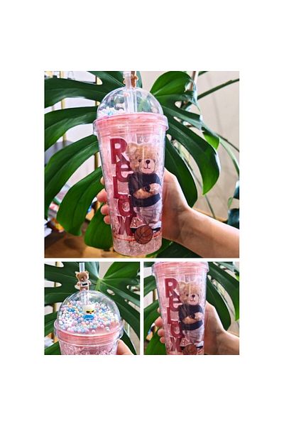 CHANCE GİFT 450 ml 3D Led Light, Glitter and Water Bottle with Straw - Summer Themed Cocktail Glass