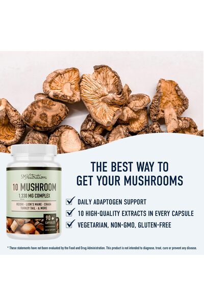 SMNutrition 10 Mushroom Complex | 1300mg with Lions Mane, Turkey Tail, Cordyceps, Reishi | Immune Support, 90 Ct