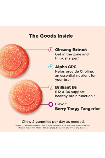 OLLY Laser Focus Gummy, Ginseng, Alpha GPC, B Vitamins, Berry Tangerine Flavor - 36 Count