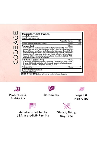 Codeage Skin Probiotics + Prebiotics - 50B CFU - Ayurvedic Herbs - Vegan - 60 Capsules