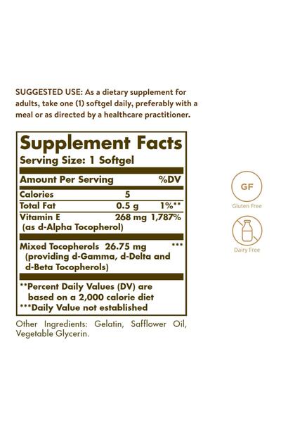 Solgar Vitamin E 268 MG (400 IU), 100 Softgels - Immune & Skin Support - Antioxidant