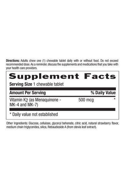 COUNTRY LIFE Vegan Vitamin K2, 500 mcg, MK-4 & MK-7 Complex, Bone & Teeth Health, 60 Chewable Strawberry Tablets