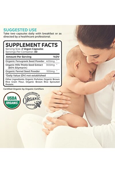 Pure Co. USDA Organic Lactation Supplement - Fenugreek, Fennel, Milk Thistle - 60 Vegan Capsules
