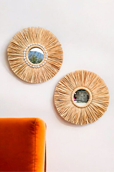 Bubihome Bohem Sık Dokuma Rafya Ayna Seti, Deniz Kabuklu Rafya Ayna 2'li Set