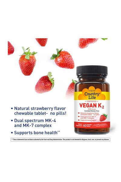 COUNTRY LIFE Vegan Vitamin K2, 500 mcg, MK-4 & MK-7 Complex, Bone & Teeth Health, 60 Chewable Strawberry Tablets