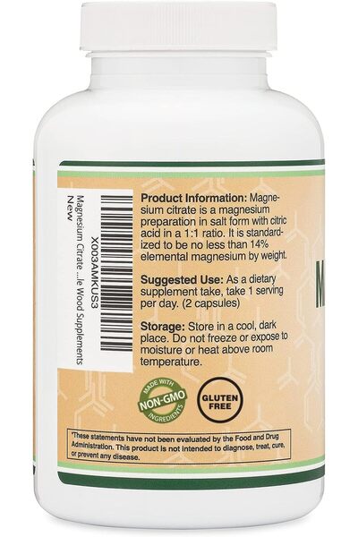 Double Wood Supplements Magnesium Citrate 800mg, 180 Caps, Digestion & Constipation Support, Vegan, Non-GMO, Double Wood