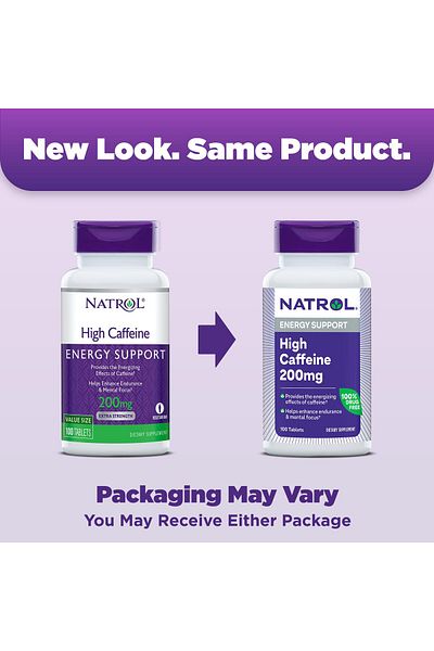 Natrol مكمل غذائي عالي الكافيين 200 ملجم لكل وجبة، مكمل غذائي لدعم الطاقة للبالغين، 100 قرص، إمداد لمدة 100 يوم