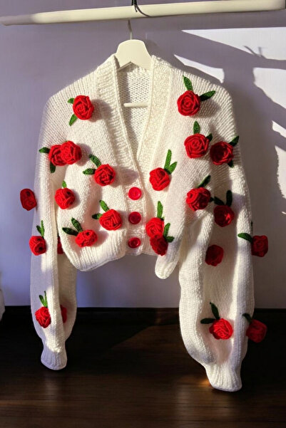 hobilanka Rose Detailed Hand Knitted Women's Cardigan, Floral Cardigan, Trendy Cardigan