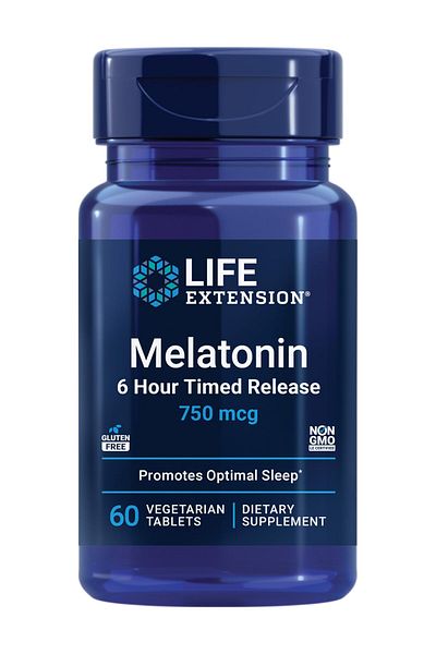 Life Extension Melatonin 6HR Timed Release, 750mcg, Sleep Support, Gluten-Free, Non-GMO, Vegetarian, 60 Tablets
