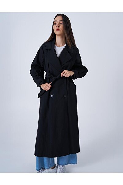 KYR Bilekleri Apoletli Uzun Trençkot Siyah