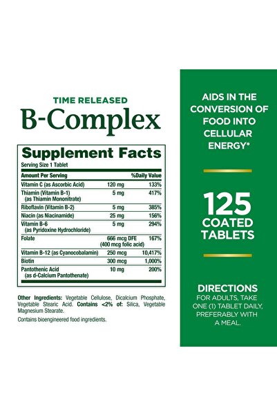 Nature's Bounty Vitamin B-Complex Time Released, Folic Acid & Vitamin C, Energy & Nervous System Support, 125 Count