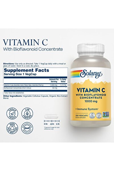 Solaray Vitamin C 1000mg w/Rose Hips, Acerola, Bioflavonoids, Immune Support, Vegan, 250 CT