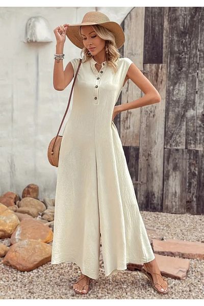 Little Visqon Women's Short Sleeve Front Buttoned to the Leg Wide Pocket Long Wrap Jumpsuit