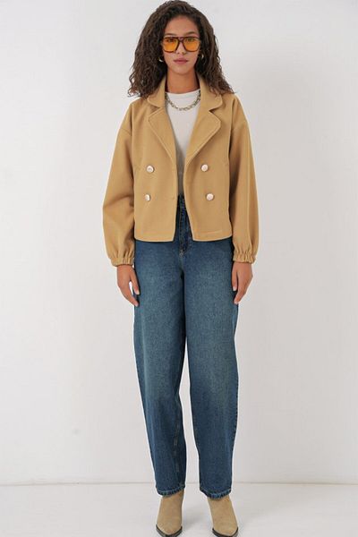 JANES 9117 Model Mustard Crop Jacket - Double Breasted Collar