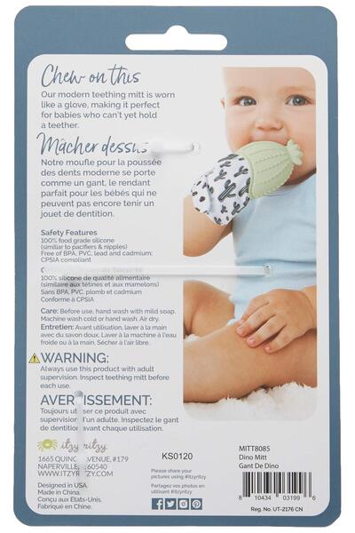 Itzy Rıtzy Silicone Teething Mitt, Adjustable Strap, Crinkle Sound, Textured, 3+ Mos, Green Dino