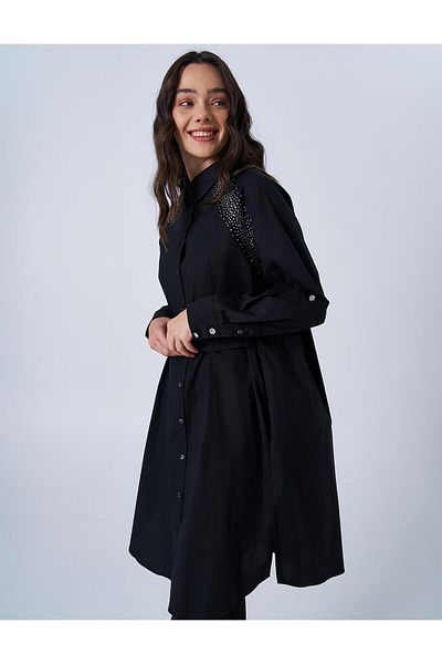 Kayra Black Hotfix Printed Poplin Tunic