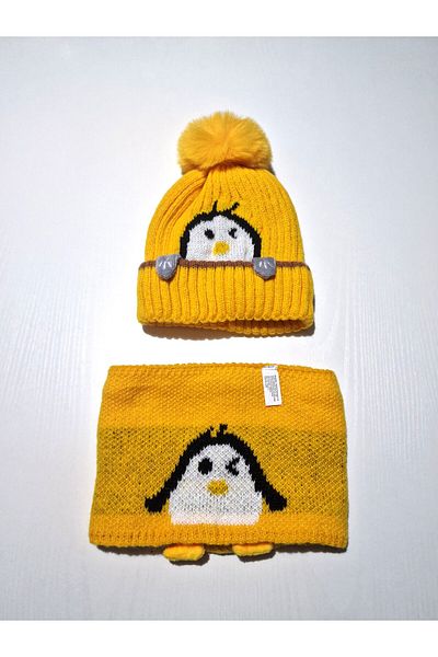 Hobi Kafe Penguin Patterned Fleece Inside Beret Neck Collar Set for 1-3 Years Old Children