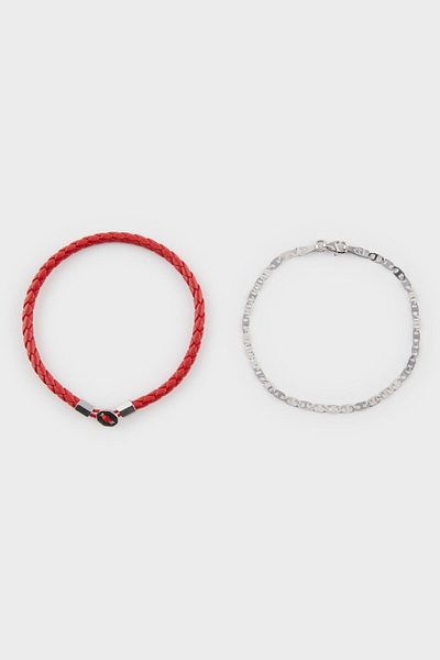 DeFacto AtolyeWolf x DeFacto Herren-Armband aus zweiteiligem rotem Leder mit Stahlfragmenten und schwarzer Stahlkette E609