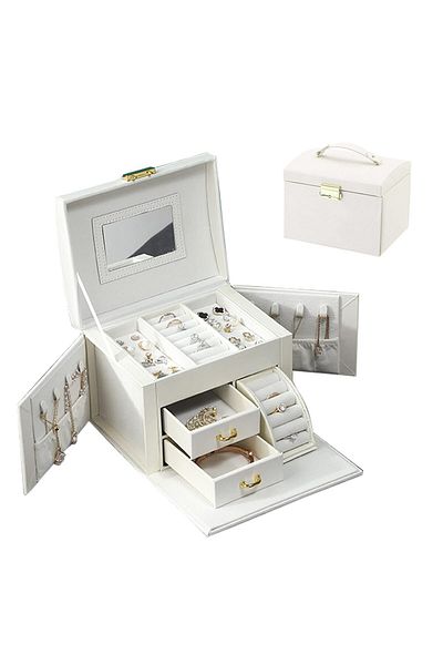 COOYA 3 Levels Jewellery Box Large, with Drawers, Baroque style, Built-in make-up mirror, for makeup
