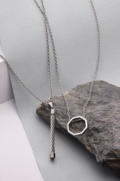 DeFacto Unisex 2-teilige Stahlkette mit achteckiger und Netz-Halskette E6295axns