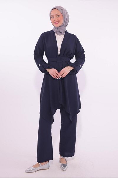 TRENDTESETTÜR Women's Navy Blue Belted Trousers Suit t 0274