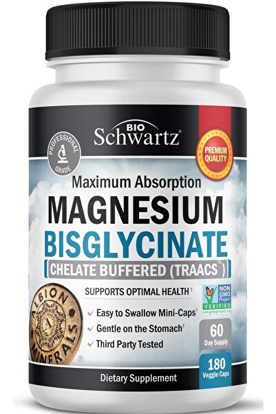 BioSchwartz Magnesium Bisglycinate Chelate - No-Laxative, Max Absorption, Energy & Bone Support, Non-GMO, 180ct