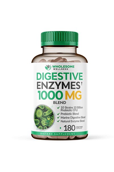Wholesome Wellness Digestive Enzymes 1000MG with Prebiotics & Probiotics, 180 Vegan Capsules, 3-6 Month Supply