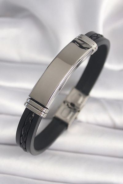 Lisinya 316L Steel Silver Color Twist Embroidered Black Leather Cord Men's Bracelet - Lisinya