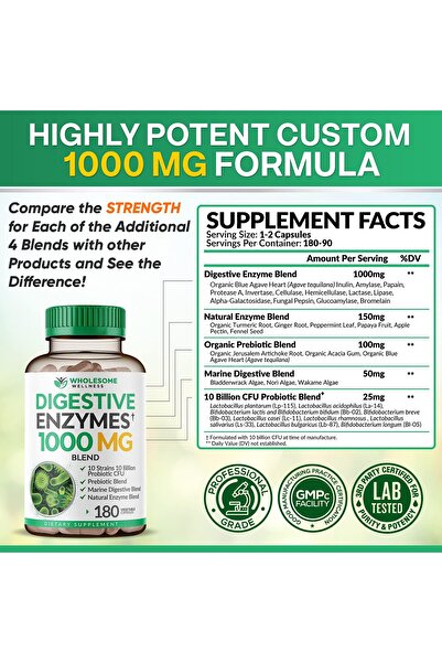 Wholesome Wellness Digestive Enzymes 1000MG with Prebiotics & Probiotics, 180 Vegan Capsules, 3-6 Month Supply